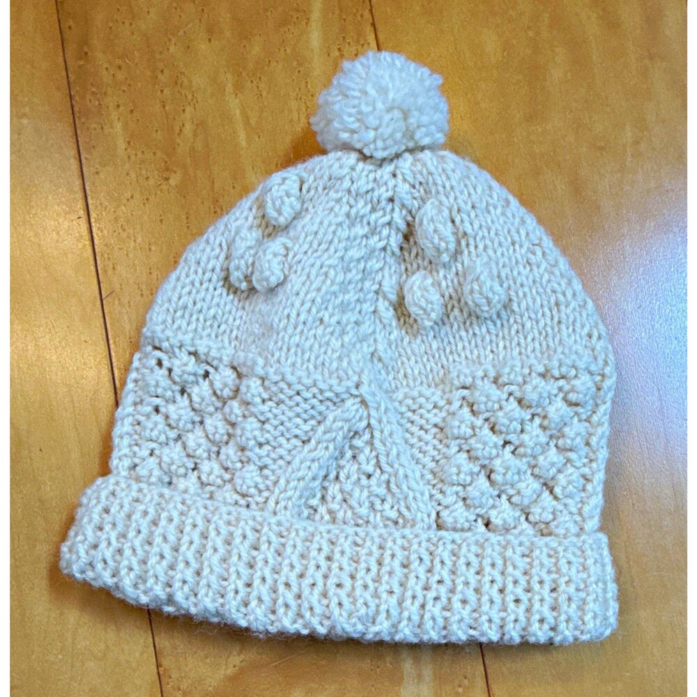 WOMEN'S cream HANDKNIT  CABLE KNIT BEANIE HAT wool Acrylic Pom Pom One Size